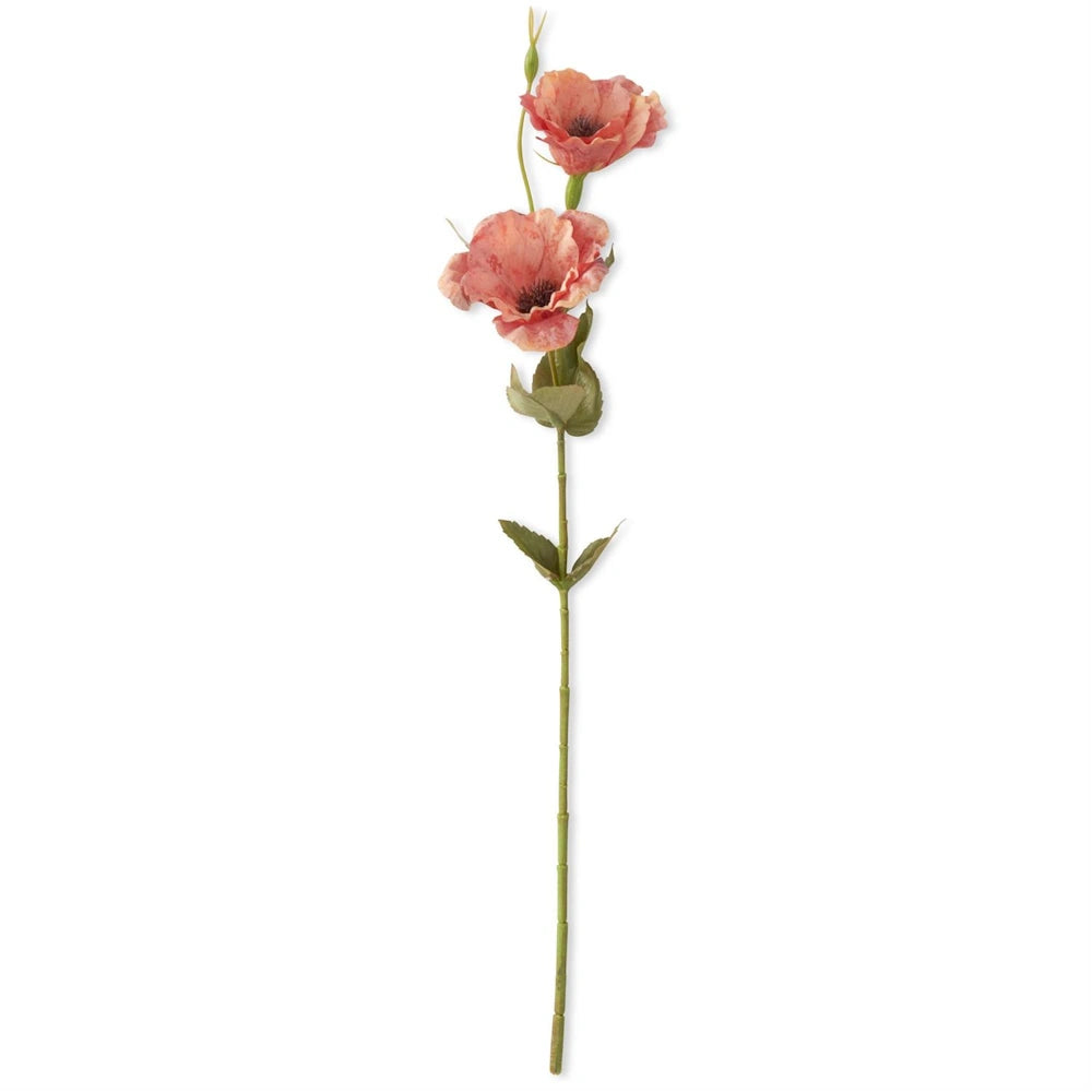 Real touch orange bellflower stem with two open faux blossoms and green leaves on white background.