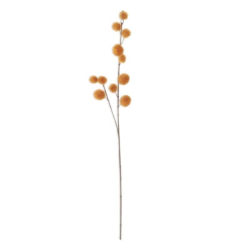 Artificial stem featuring small, fluffy yellow-orange pom-poms against a white background.