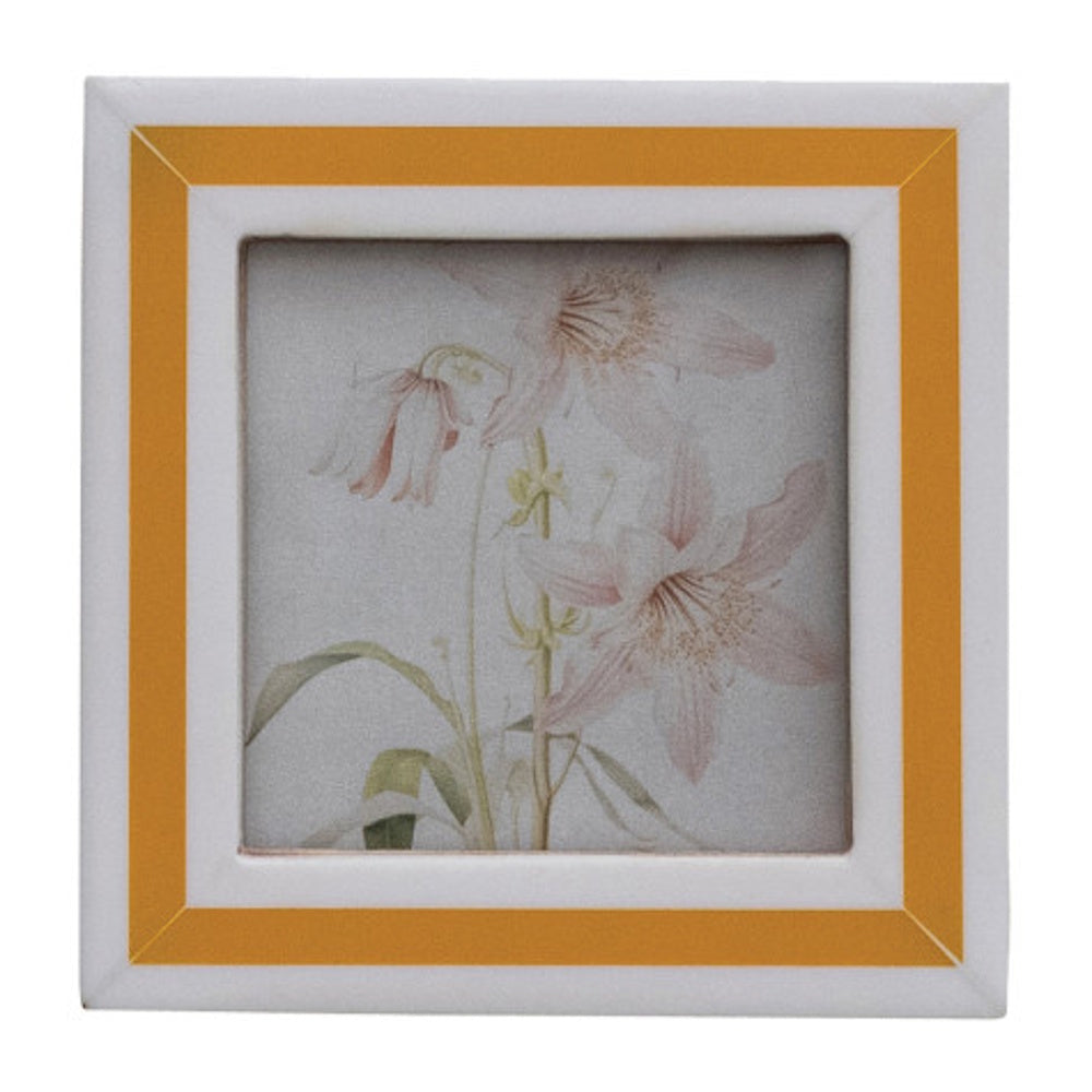 Square white frame with an orange stripe holding a botanical sketch of pink flowers.