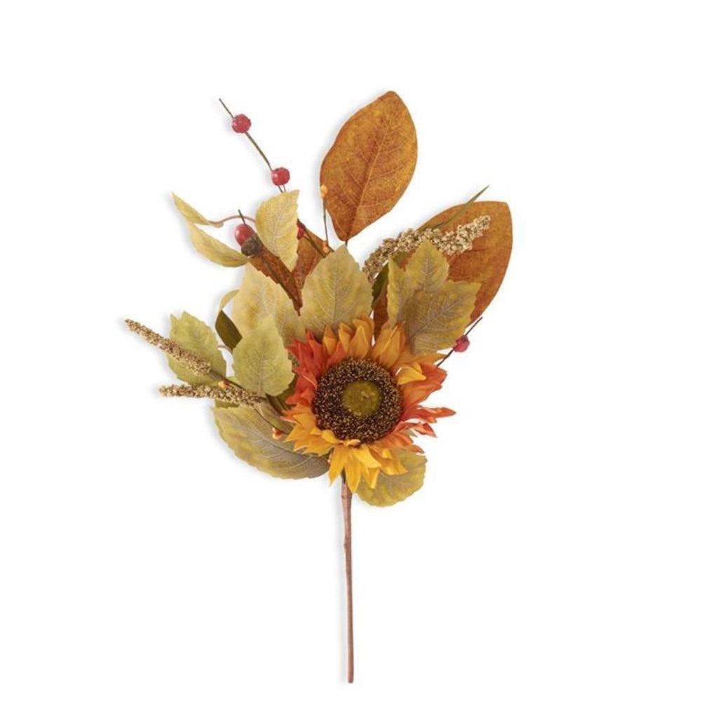 An artificial autumn floral pick featuring an orange sunflower, fall leaves, small berries, and textured sprigs.