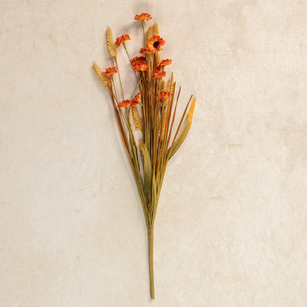 Faux wildflower spray featuring orange flowers, wheat stalks, and dried grass accents.