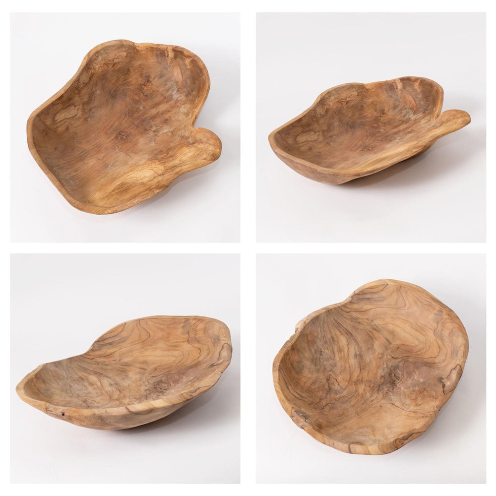 Four views of a hand-carved organic teak wood bowl showing natural grain and live edge shapes on a white background.