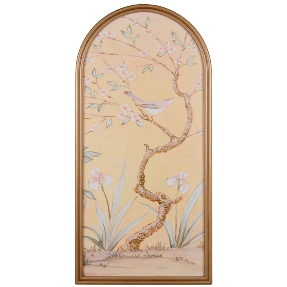 Arched gold framed wall art featuring a bird on a flowering cherry blossom branch with pink iris flowers.