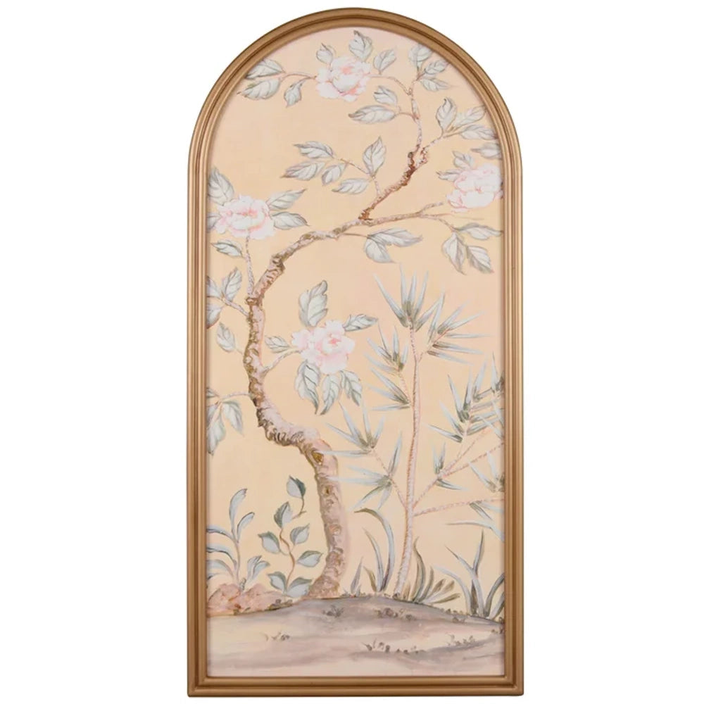 A classic Chinoiserie floral painting on a gold-framed arched panel, featuring pink peonies, bamboo, and trailing vines.