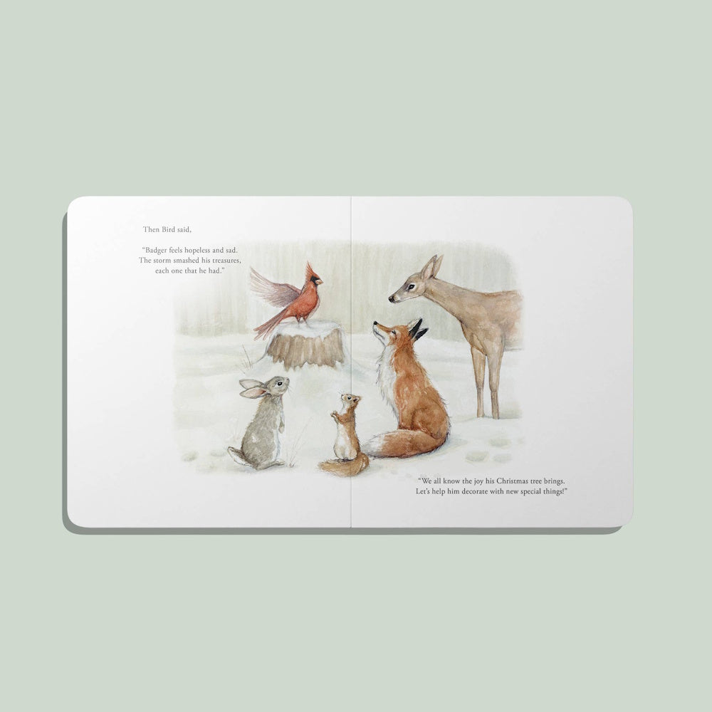 Watercolor illustration of woodland animals gathered in snow from the children's book "Our Little Adventure at Christmas."