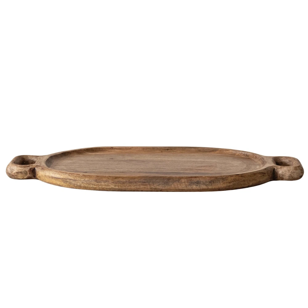 Side profile view of a low-profile, oval wooden serving tray with integrated side handles.