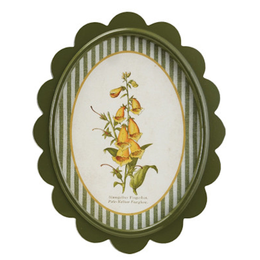 Oval scalloped green frame with yellow foxglove botanical art on a green and white striped mat.