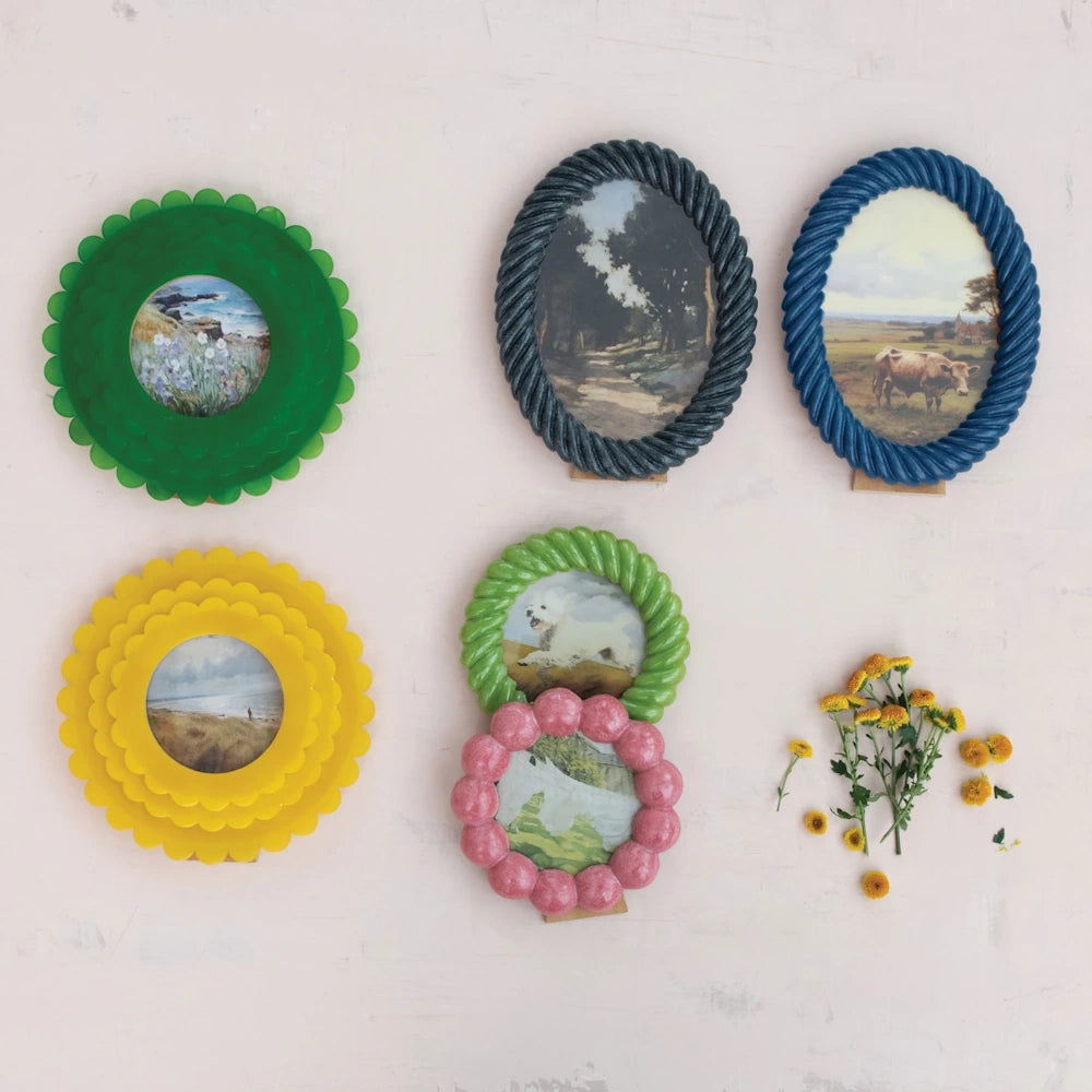 Assorted colorful resin picture frames in scalloped and twisted rope styles containing landscape and animal art prints.