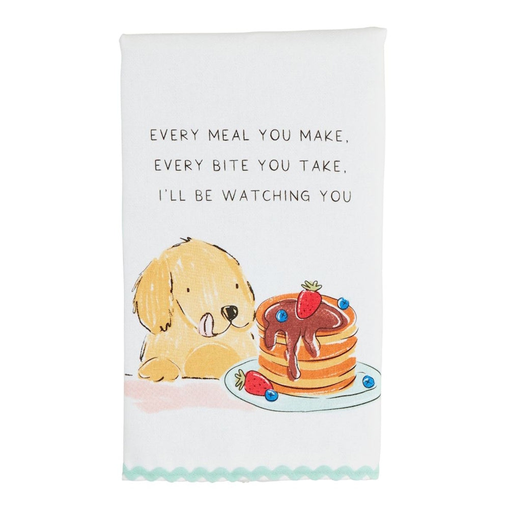 White towel with text "Every meal you make..." featuring a dog watching a stack of pancakes.