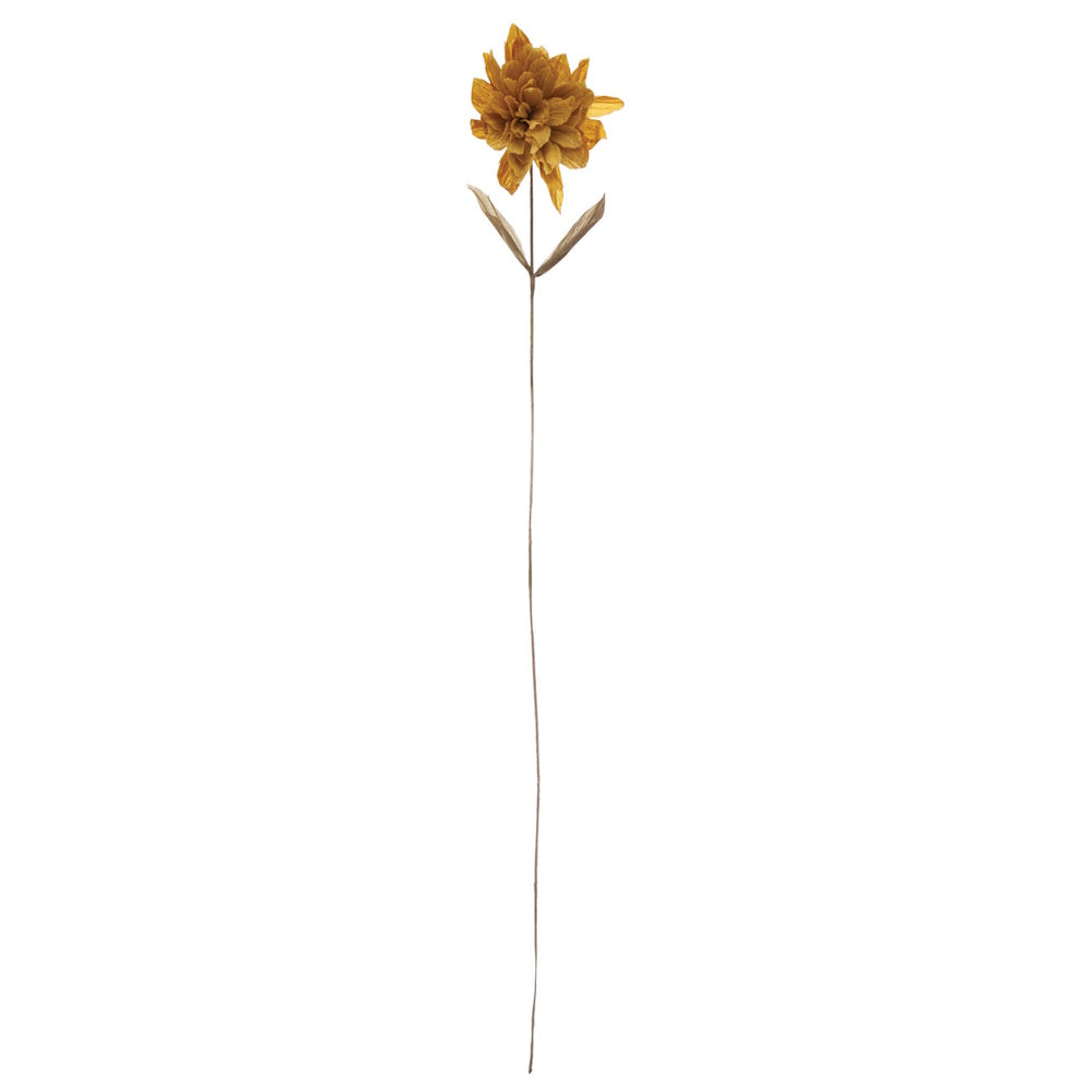 A single, artificial golden-yellow flower on a very long, thin brown stem with two small leaves.