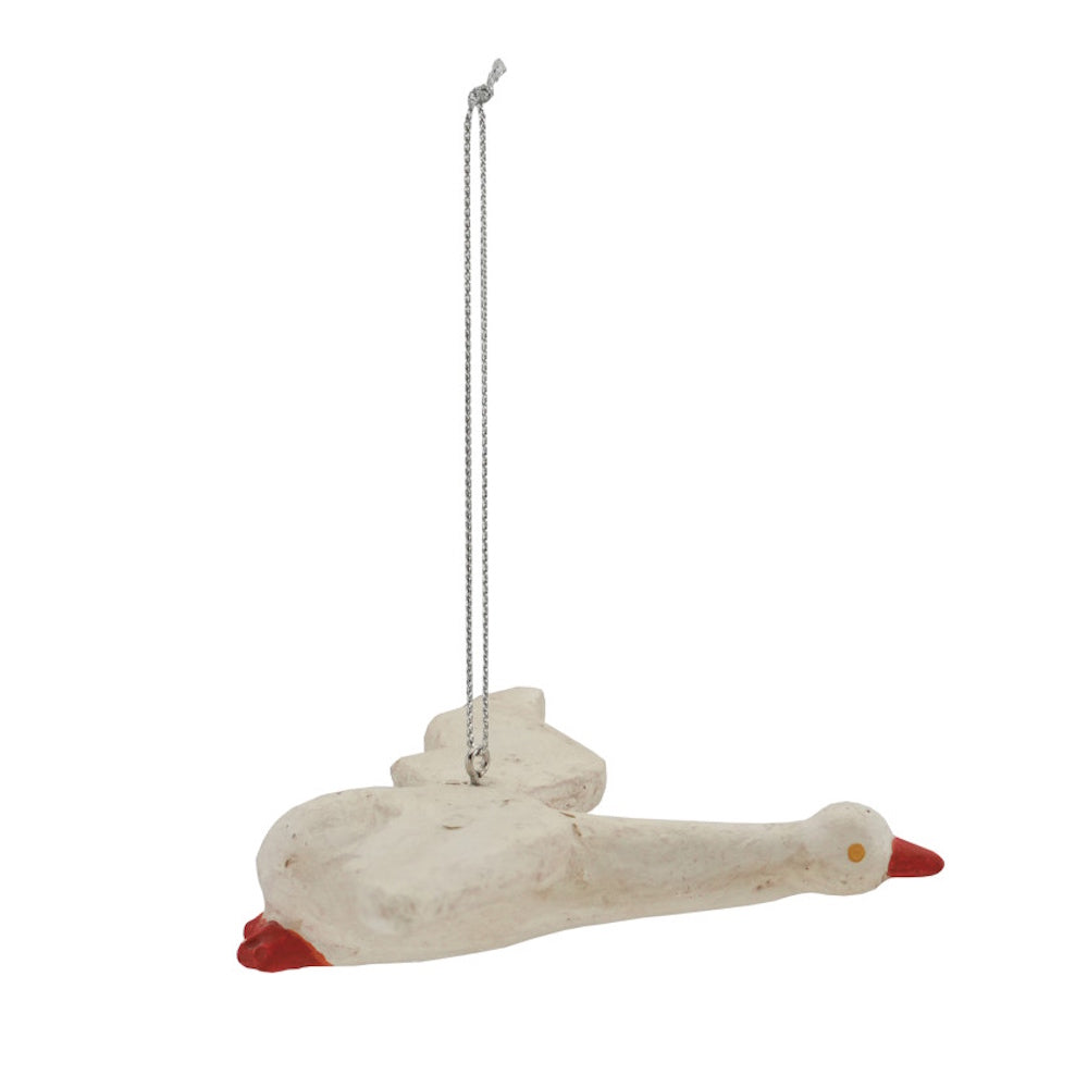 Paper-mache vintage-style flying goose ornament with a hanging string.
