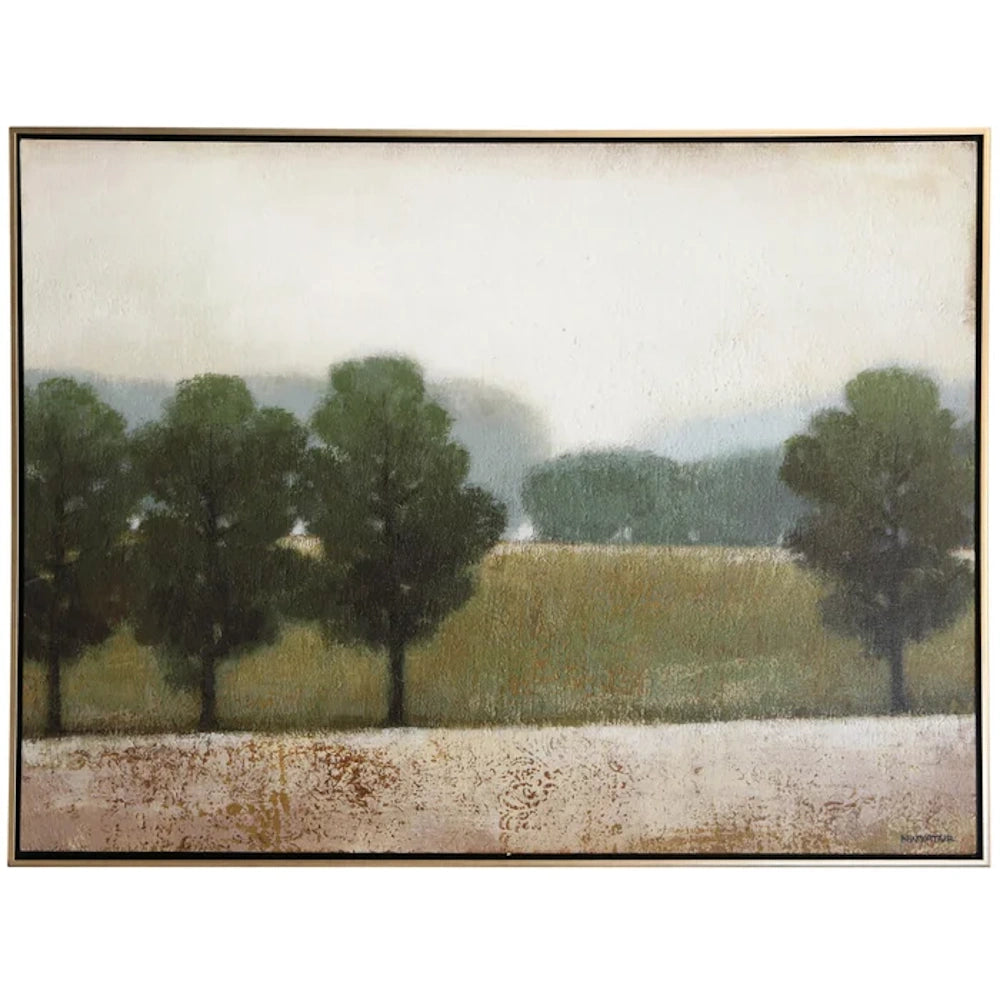 Framed abstract landscape painting by Norman Wyatt Jr. featuring a row of green trees against a misty field and pale sky.