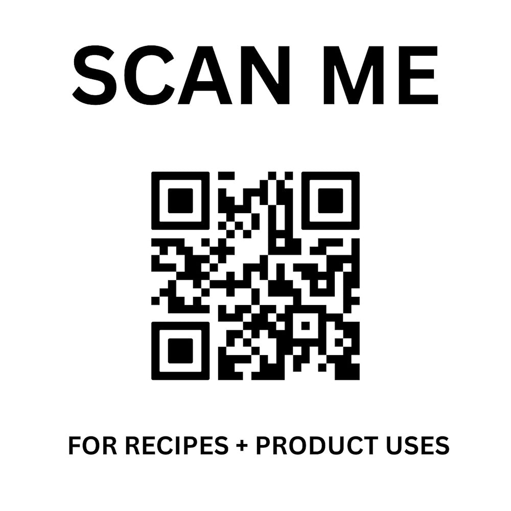 A QR code labeled "SCAN ME" on top and "FOR RECIPES + PRODUCT USES" below on a white background.