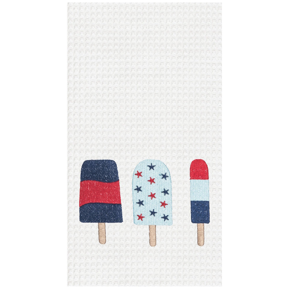 White waffle-weave kitchen towel featuring three embroidered red, white, and blue patriotic popsicles.