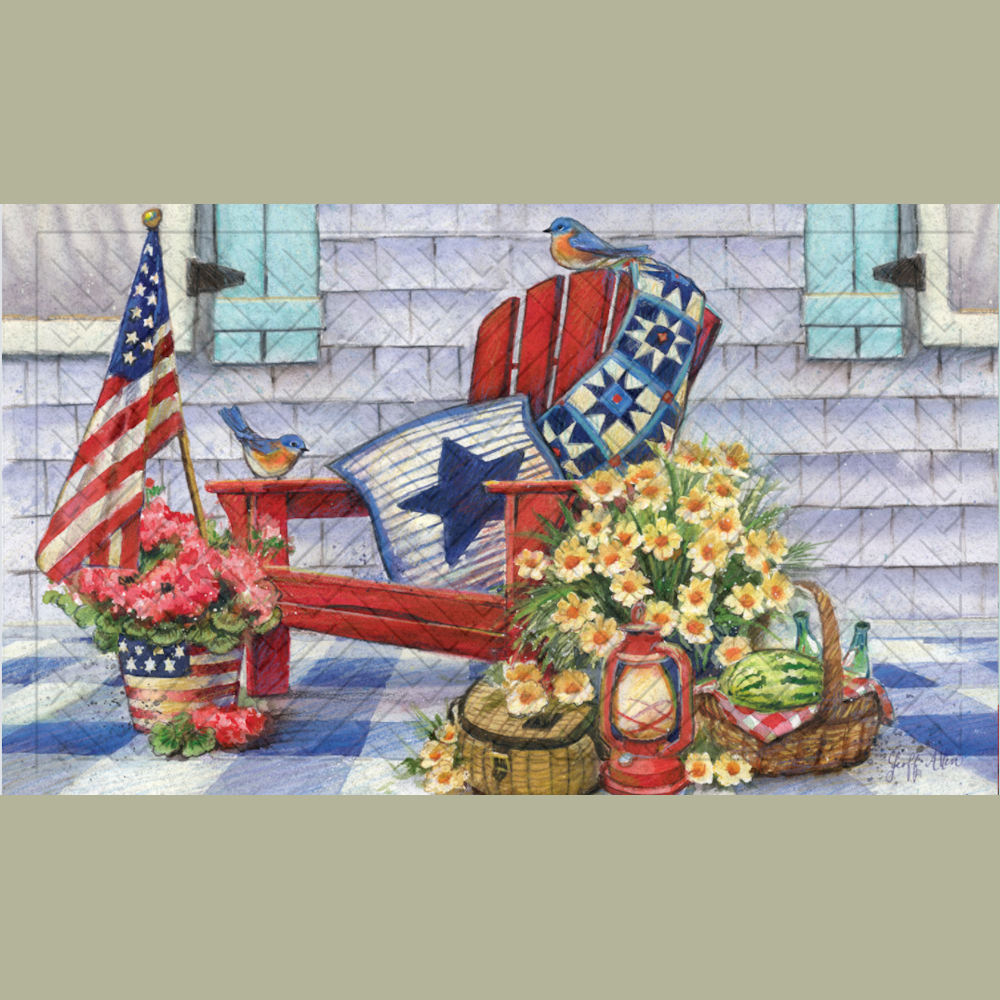 A red Adirondack chair on a porch with an American flag, bluebirds, yellow flowers, and a patriotic quilt floor mat.