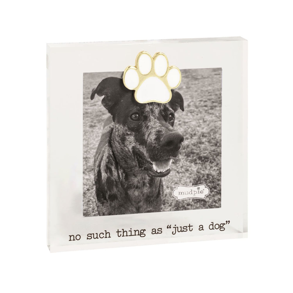 Square acrylic photo frame featuring a dog, a gold-rimmed paw accent, and the words "no such thing as 'just a dog'".