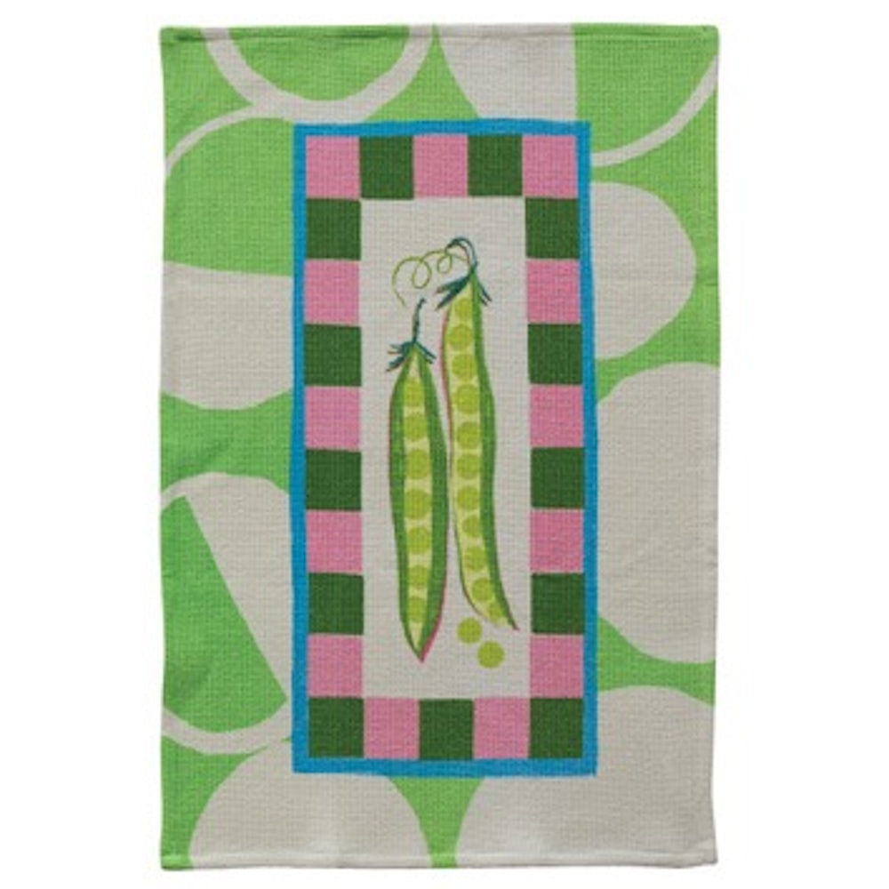 Waffle-weave tea towel featuring two green pea pods in a pink and green checkered frame with a lime green abstract border.