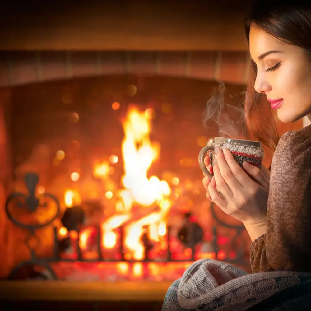Woman holding a steaming mug in both hands while sitting near a cozy, warm fireplace.