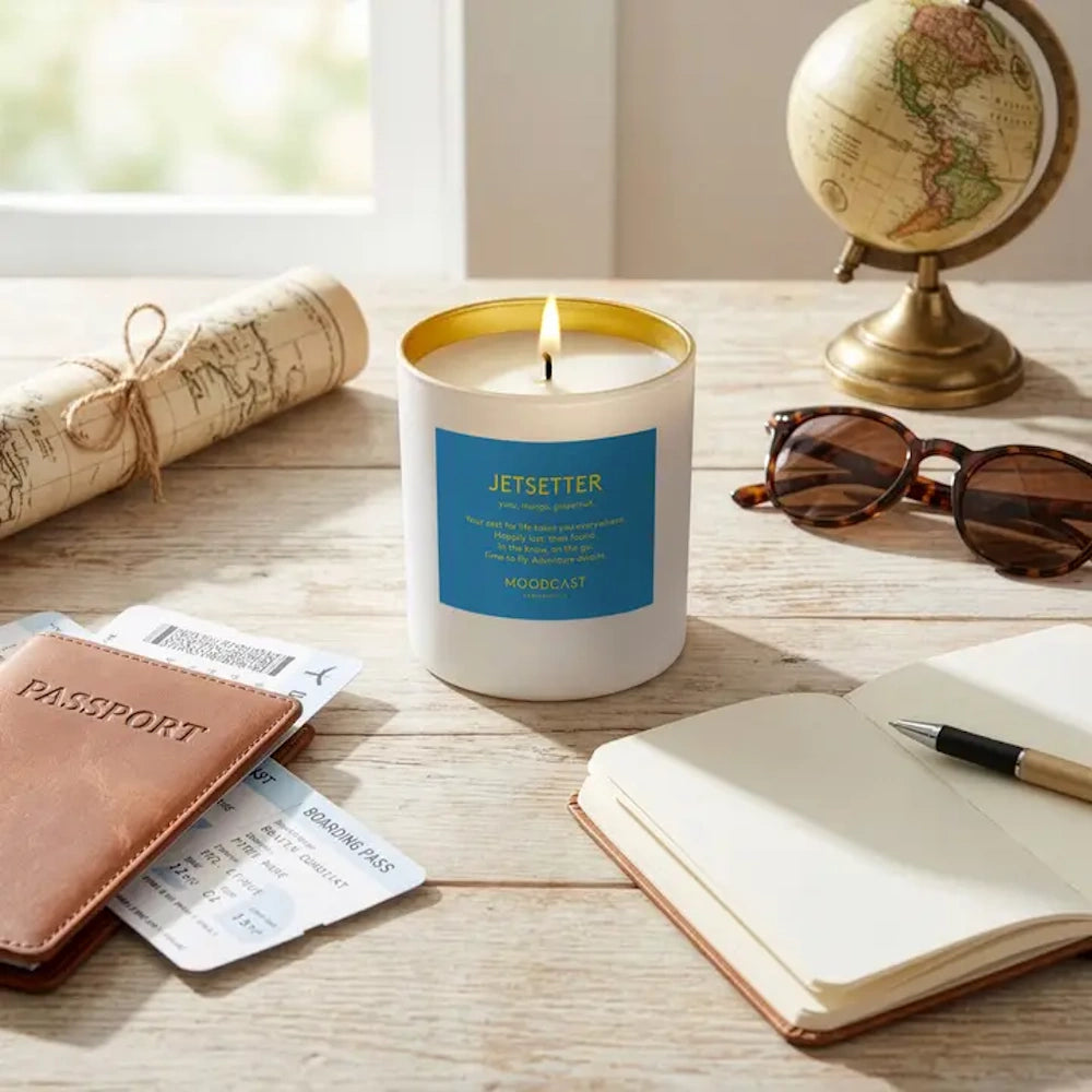 Lit Moodcast Jetsetter candle on a desk surrounded by a passport, boarding passes, sunglasses, and a globe.