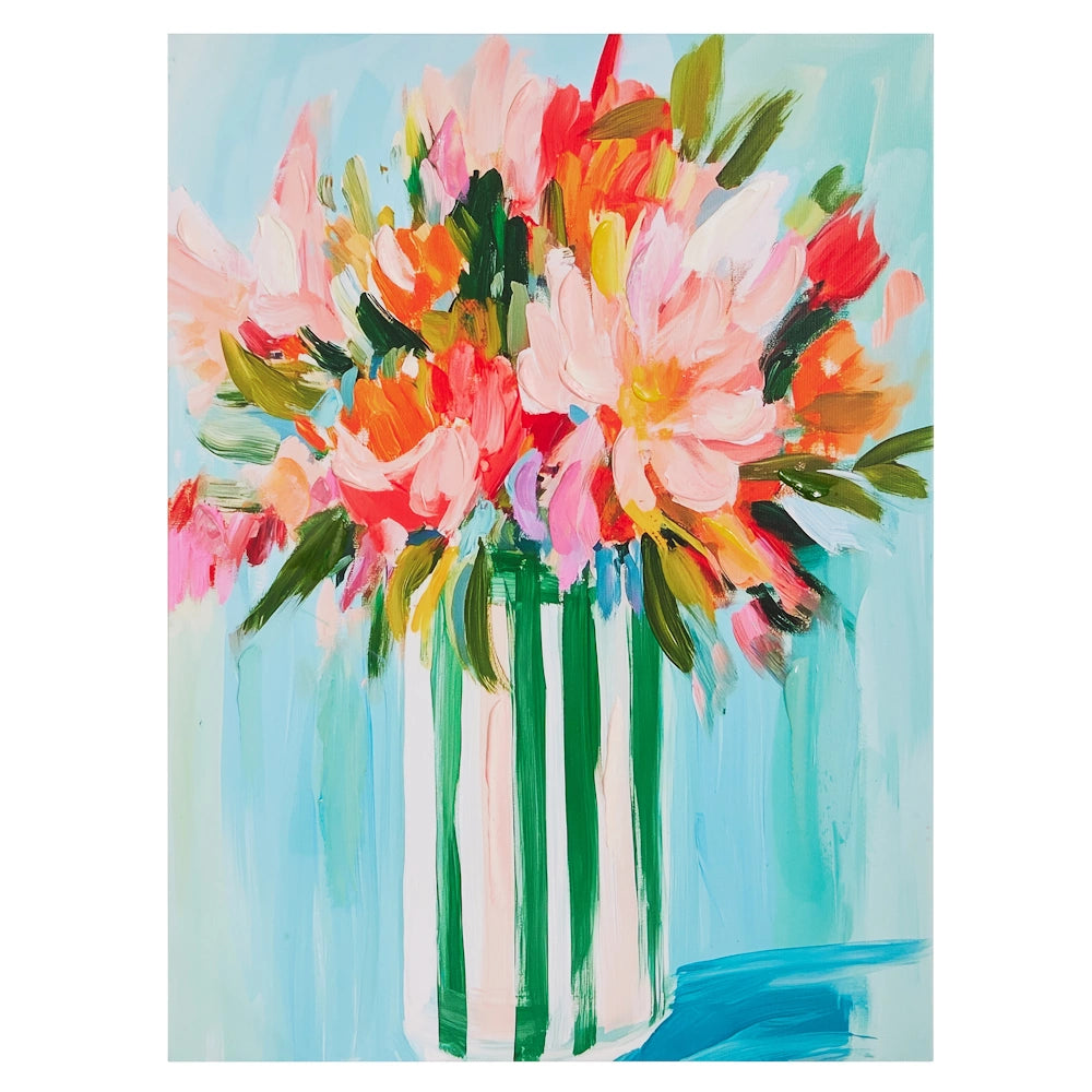 Abstract painting of pink and orange flowers in a green-and-white striped vase against a light blue background.