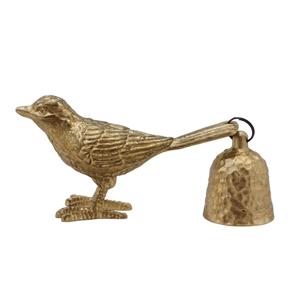 Gold pewter bird shaped candle snuffer with a hammered bell.