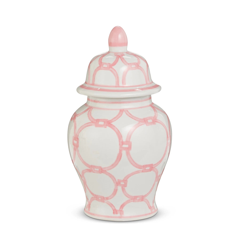 A white ceramic ginger jar with a lid featuring a hand-painted pink trellis link pattern on a white background.