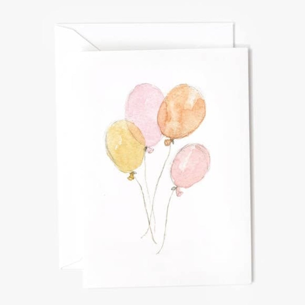 Small watercolor notecard featuring four floating balloons in soft pastel colors accompanied by a white envelope.