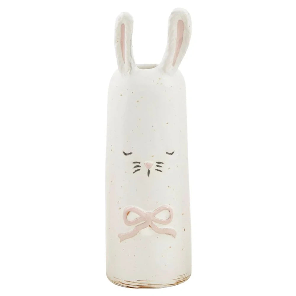 Tall, cream ceramic bunny bud vase with pink-accented ears, a minimalist sleeping face, and a pink bow.