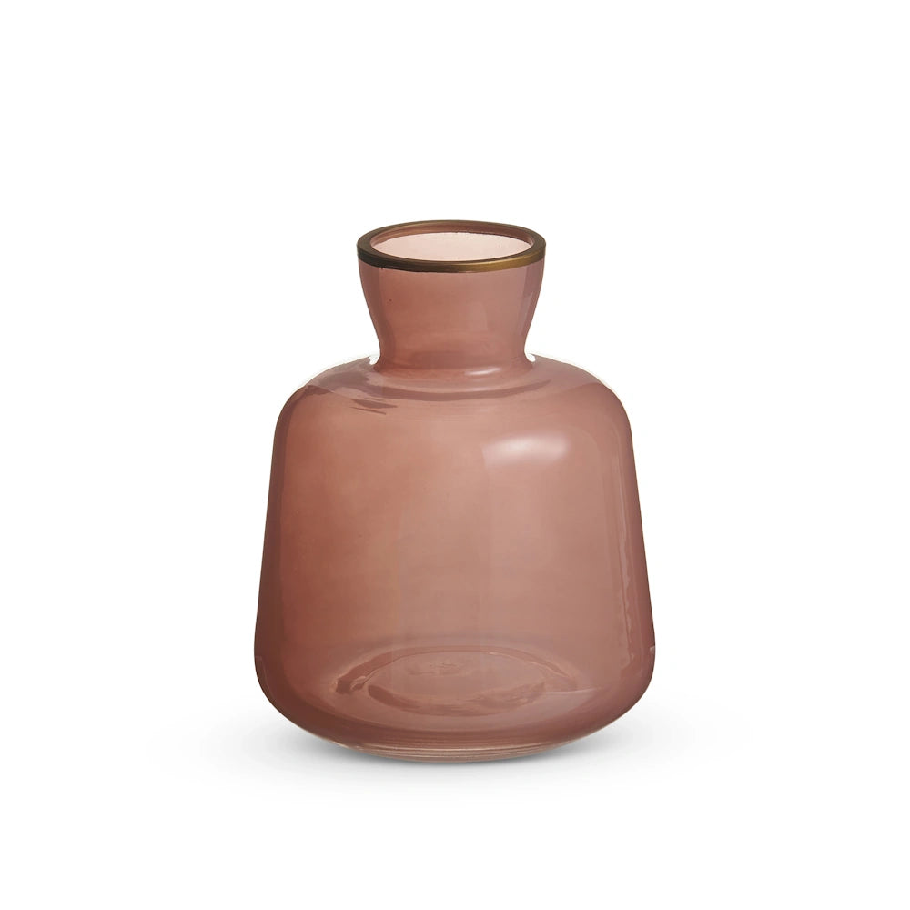 A small, pink-colored glass bud vase with a wide base, tapered neck, and a thin gold rim against a white background.