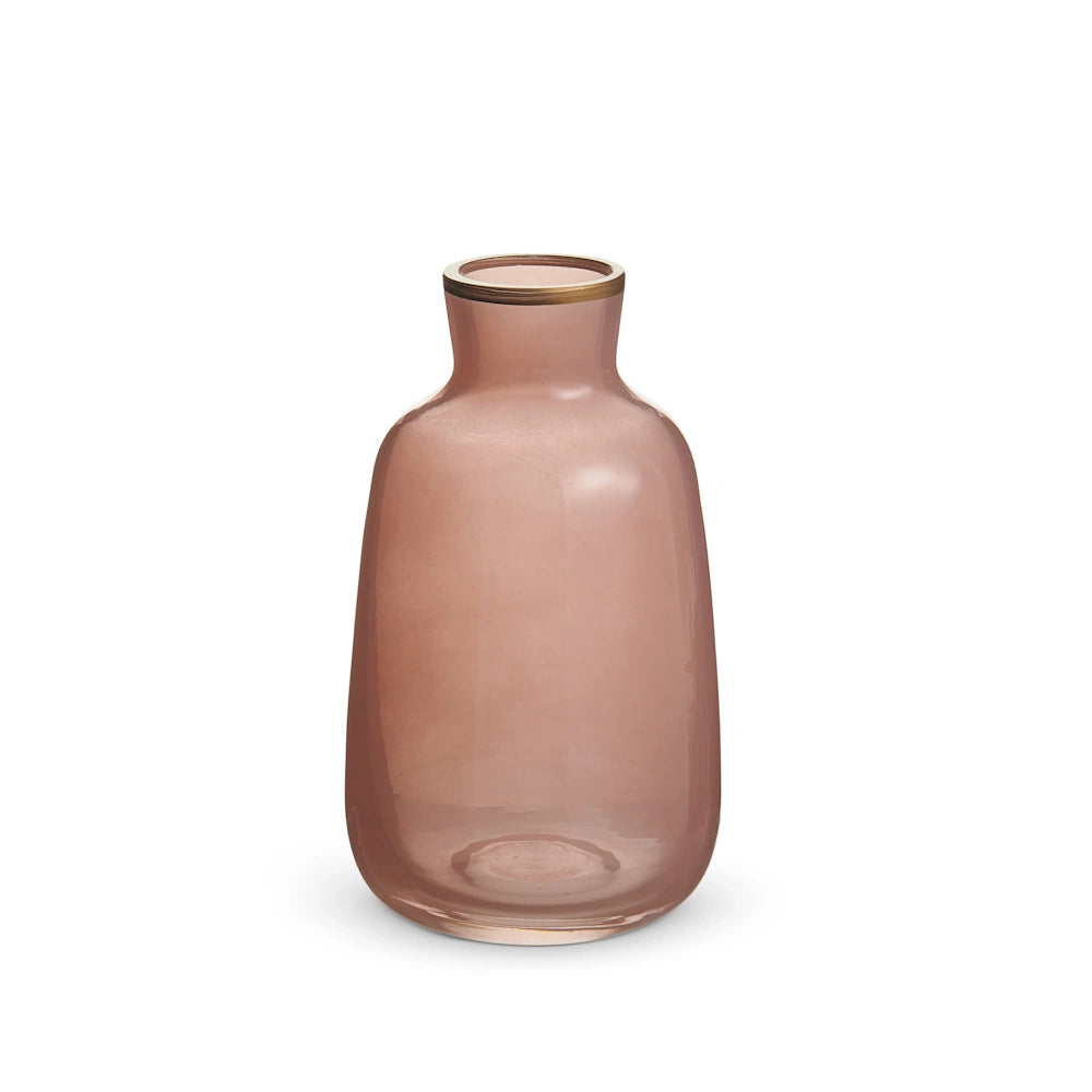 A dusty pink glass bud vase with a rounded body, narrow neck, and a thin gold rim against a white background.