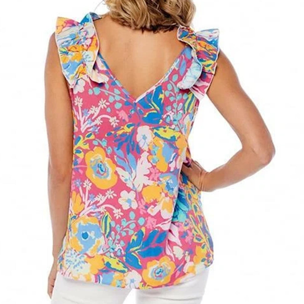 Back view of a vibrant pink floral tank top featuring a V-neckline and ruffle shoulder straps.