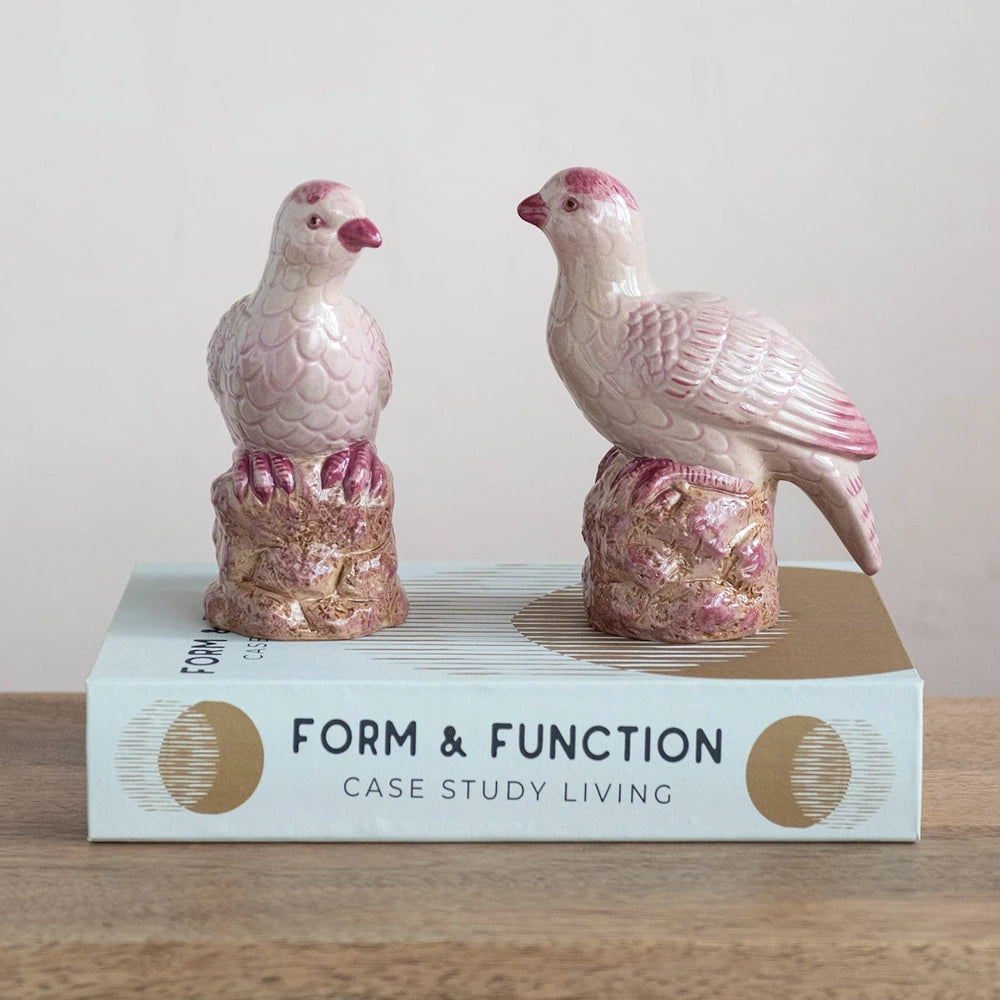 Two hand-painted pink stoneware bird figurines perched on a "Form & Function" book on a wooden surface.