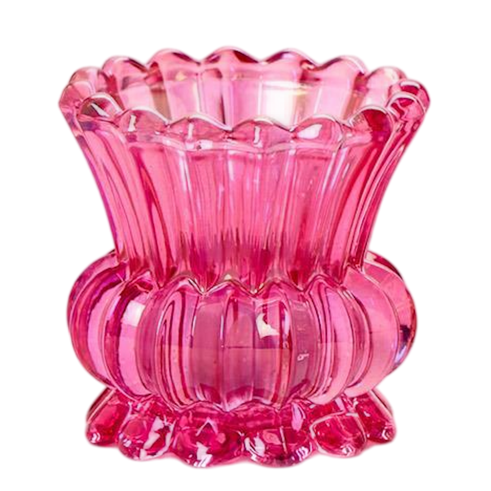 Pink iridescent ribbed glass tealight candle holder and bud flower vase with a scalloped edge.