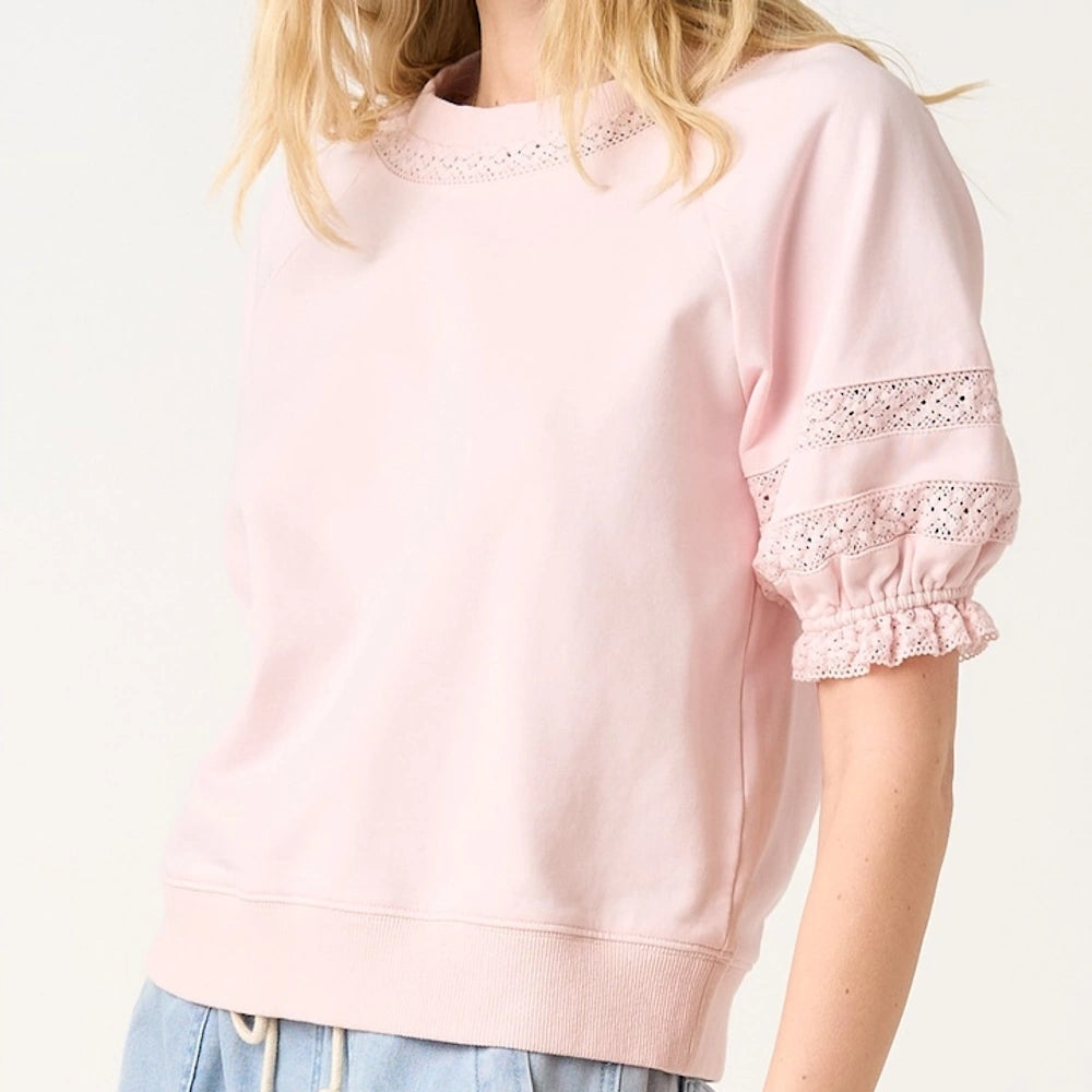 Light pink short puff sleeve sweatshirt featuring delicate lace detailing on the neckline and ruffled sleeves.
