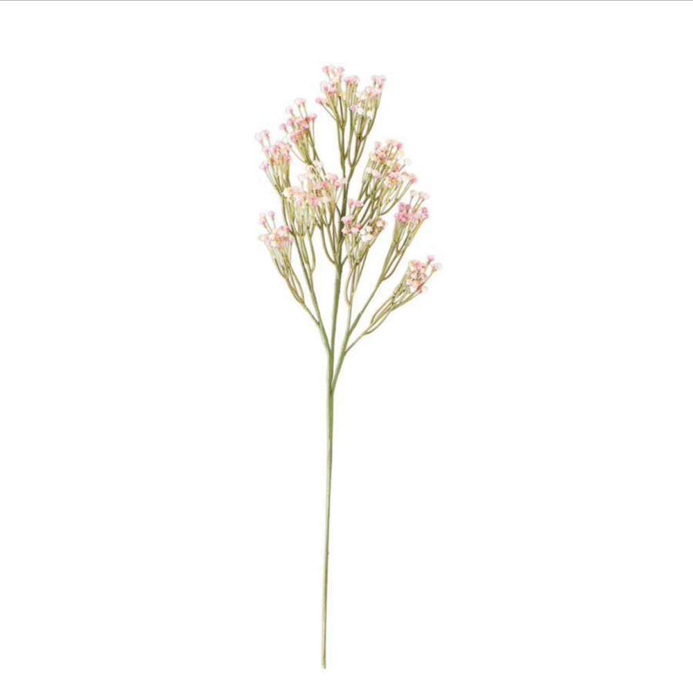 A single stem of artificial baby's breath with small pink and white blossoms against a white background.