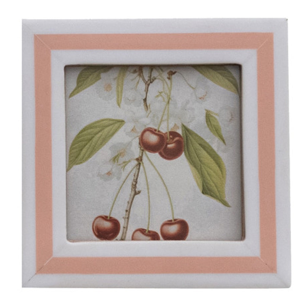 Square white frame with a pink stripe holding a botanical sketch of cherries.