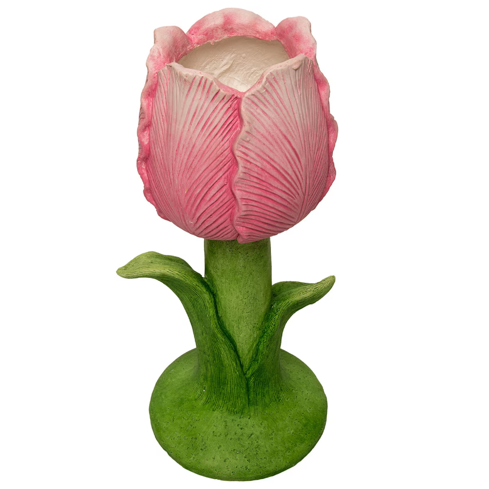 Pink tulip flower planter with a green stem and leaf base. Simple and direct garden decor on a white background.