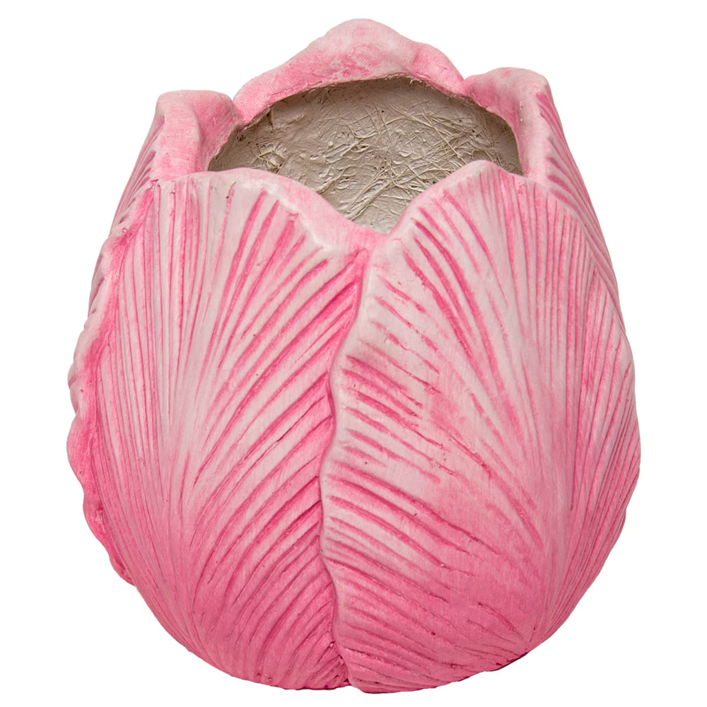 Textured pink tulip-shaped ceramic planter, ideal for spring flowers and garden-themed home decor.