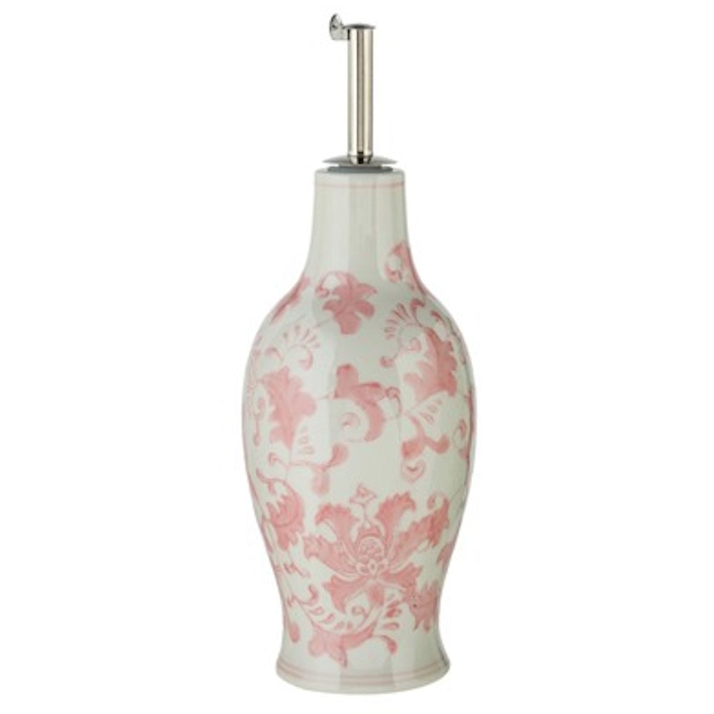 Hand-painted stoneware oil cruet with a pink floral vine pattern and a silver metal pour spout.
