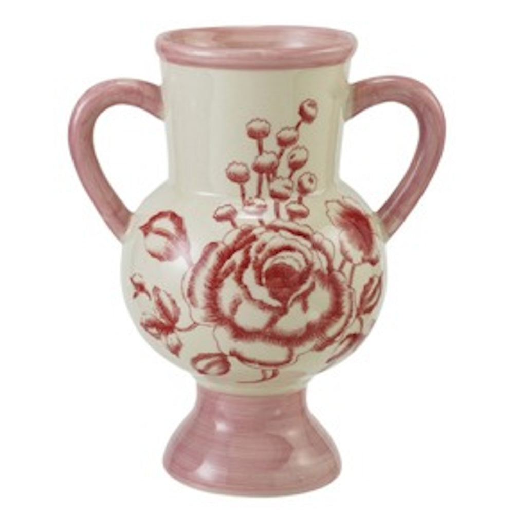 Hand-painted stoneware vase with two handles, a pedestal base, and a red rose design on a cream background.