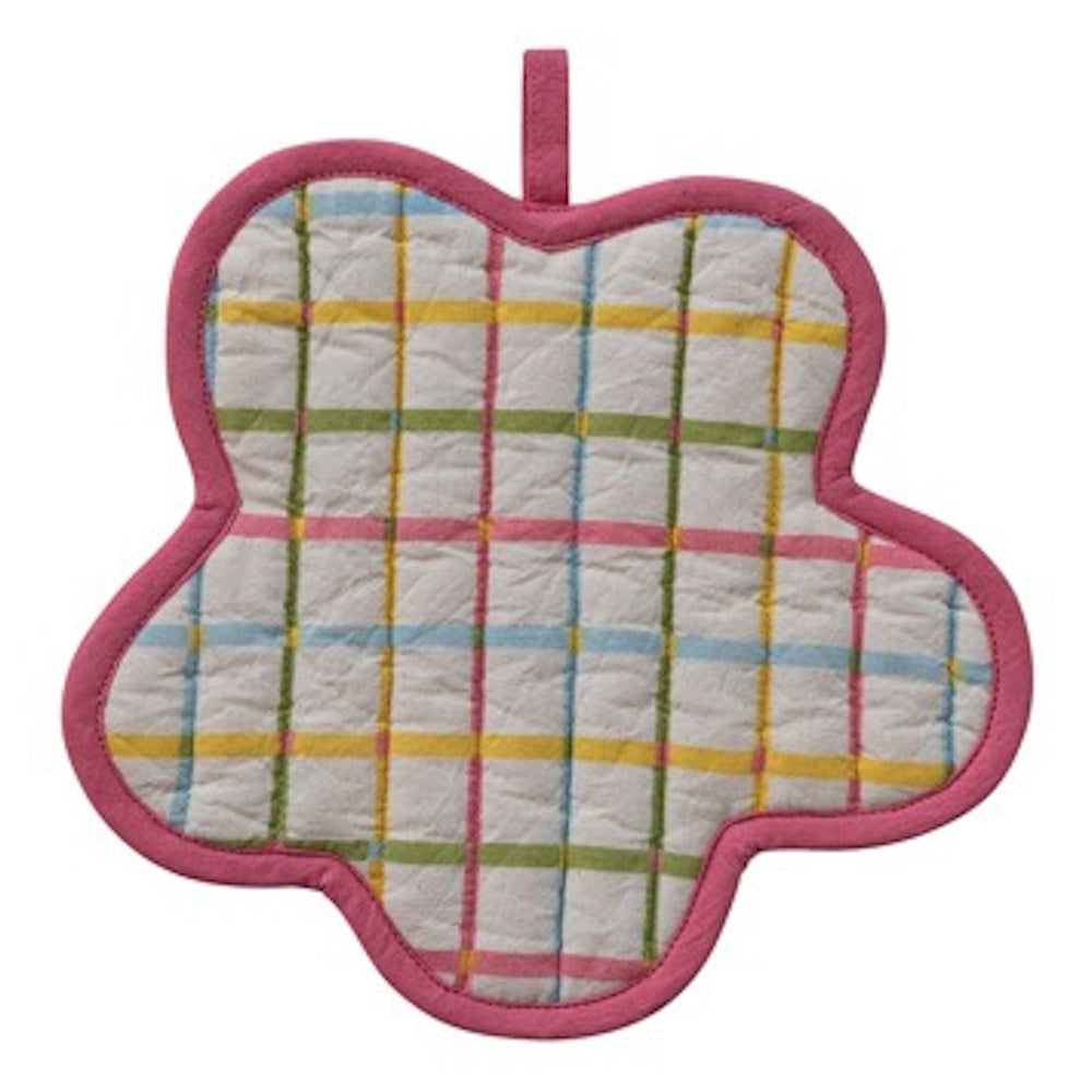 Flower-shaped quilted pot holder with a white and multicolored plaid pattern and a pink fabric border and hanging loop.