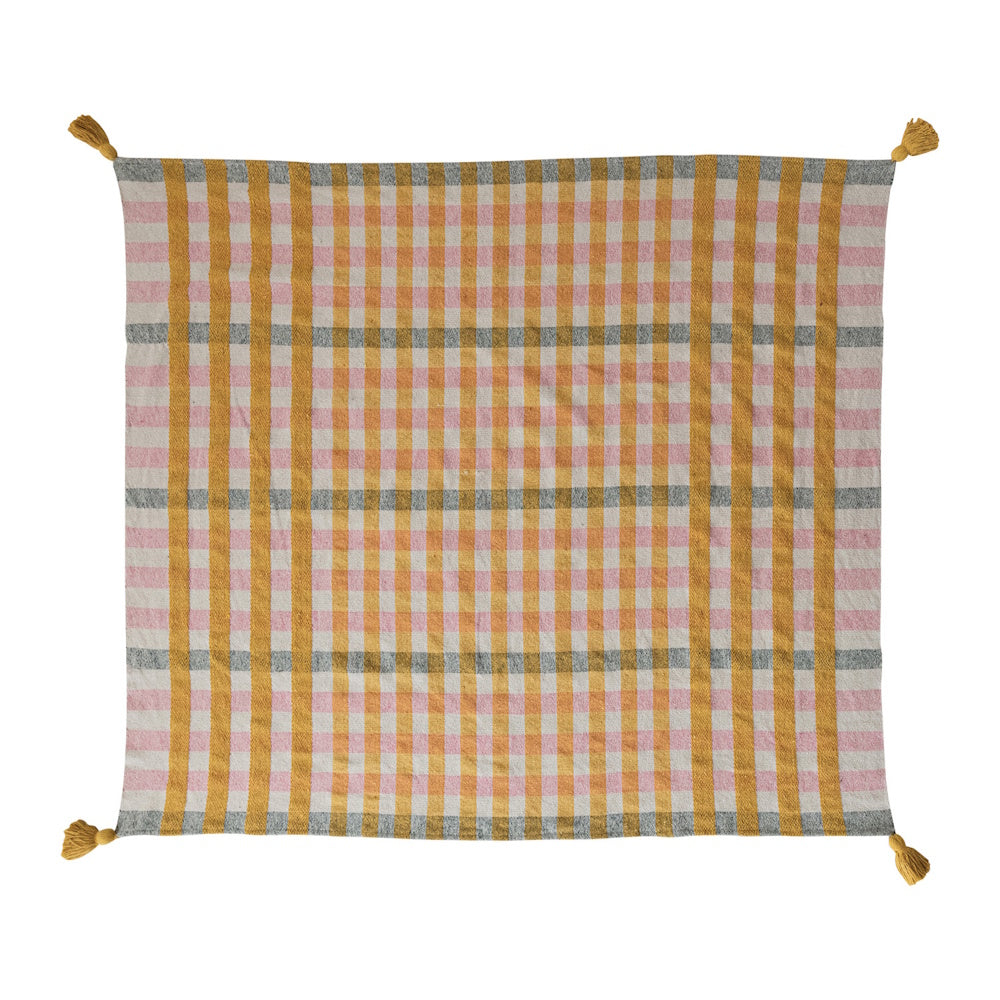 Yellow, pink, and gray plaid woven throw blanket with corner tassels.