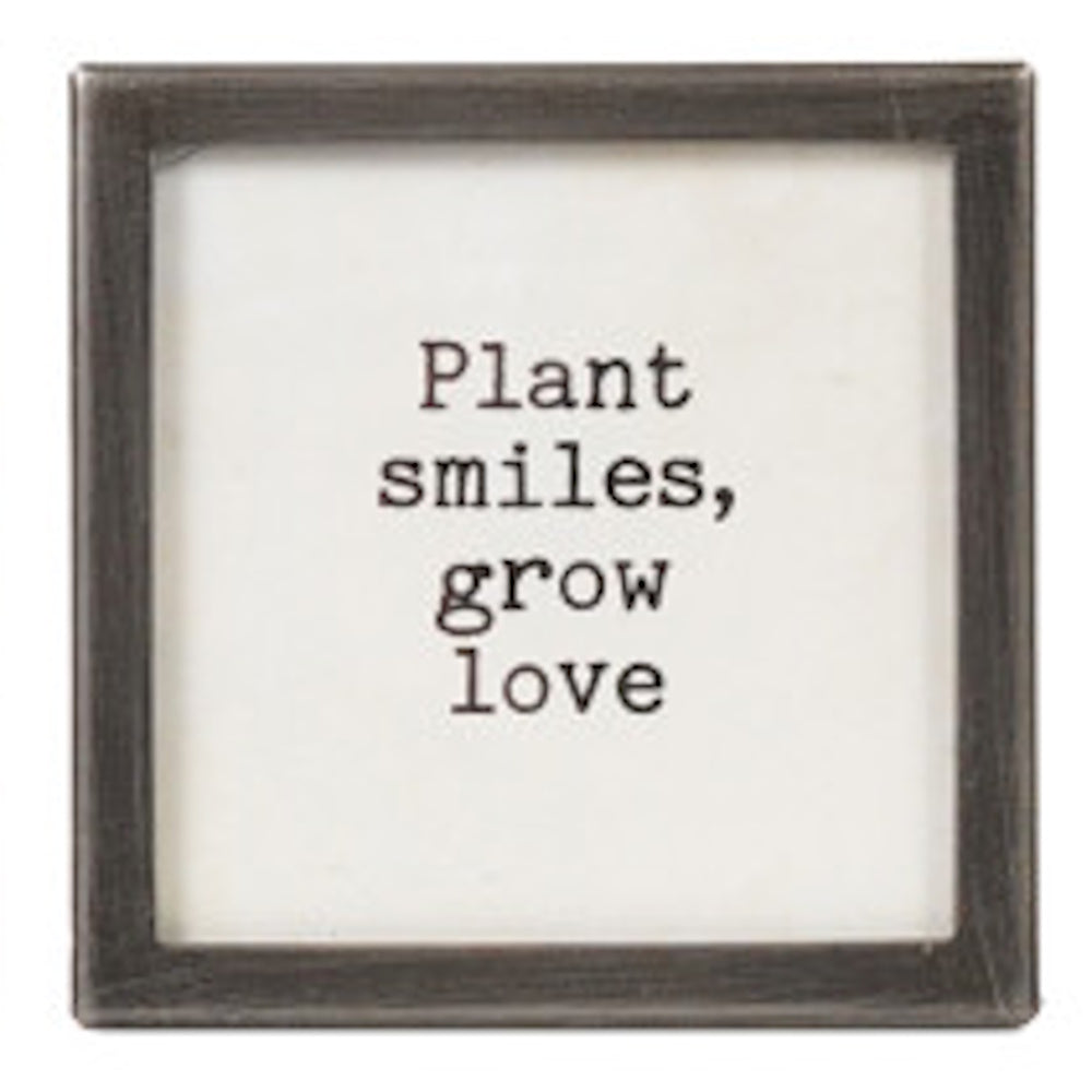 A square silver-framed sign with the text "Plant smiles, grow love" in black typewriter font.