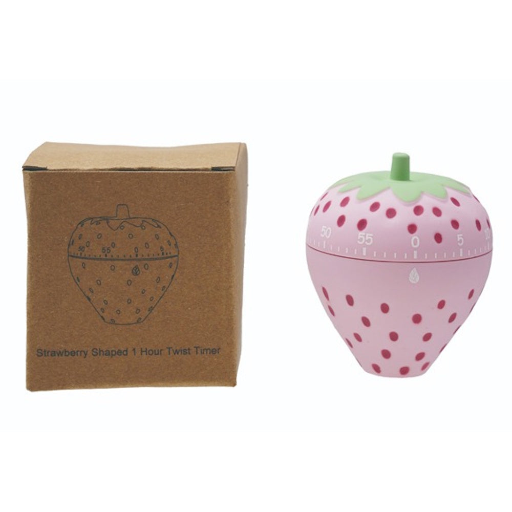 A pink strawberry-shaped kitchen timer next to its brown cardboard box. The timer features a 60-minute dial.