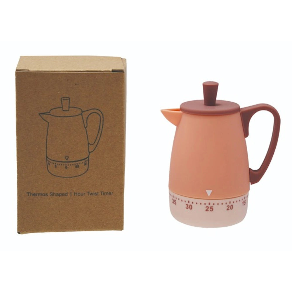 Pink and peach thermos-shaped 60-minute kitchen twist timer next to its brown cardboard packaging.