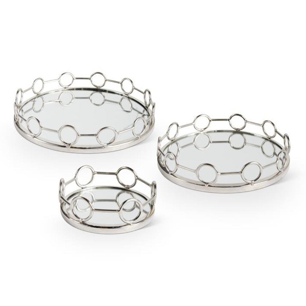 Large Polished Silver Link Round Mirrored Tray — alternate view 2
