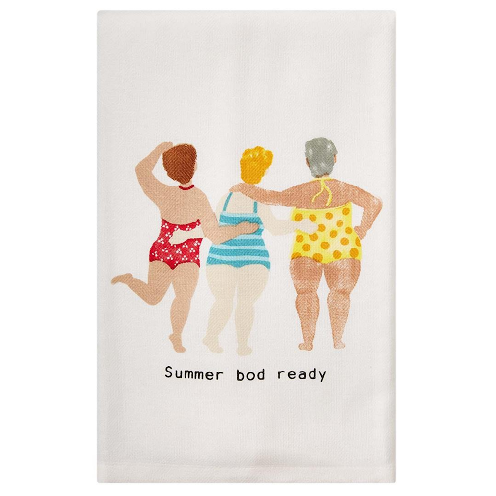 A white towel featuring three women in swimsuits with their arms around each other and "Summer bod ready" text.