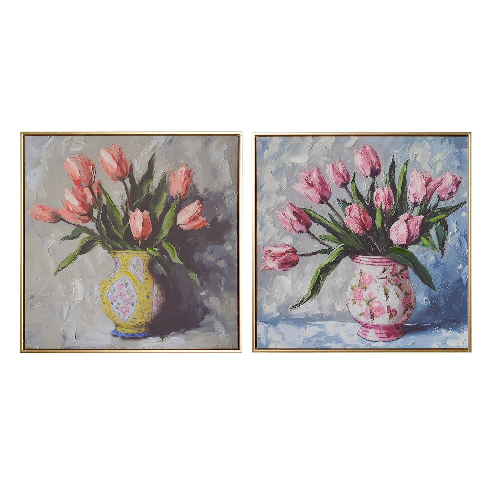 Two framed paintings feature vases of pink tulips. The left vase is yellow, the right is pink with floral patterns. Both convey a warm, calming ambiance.