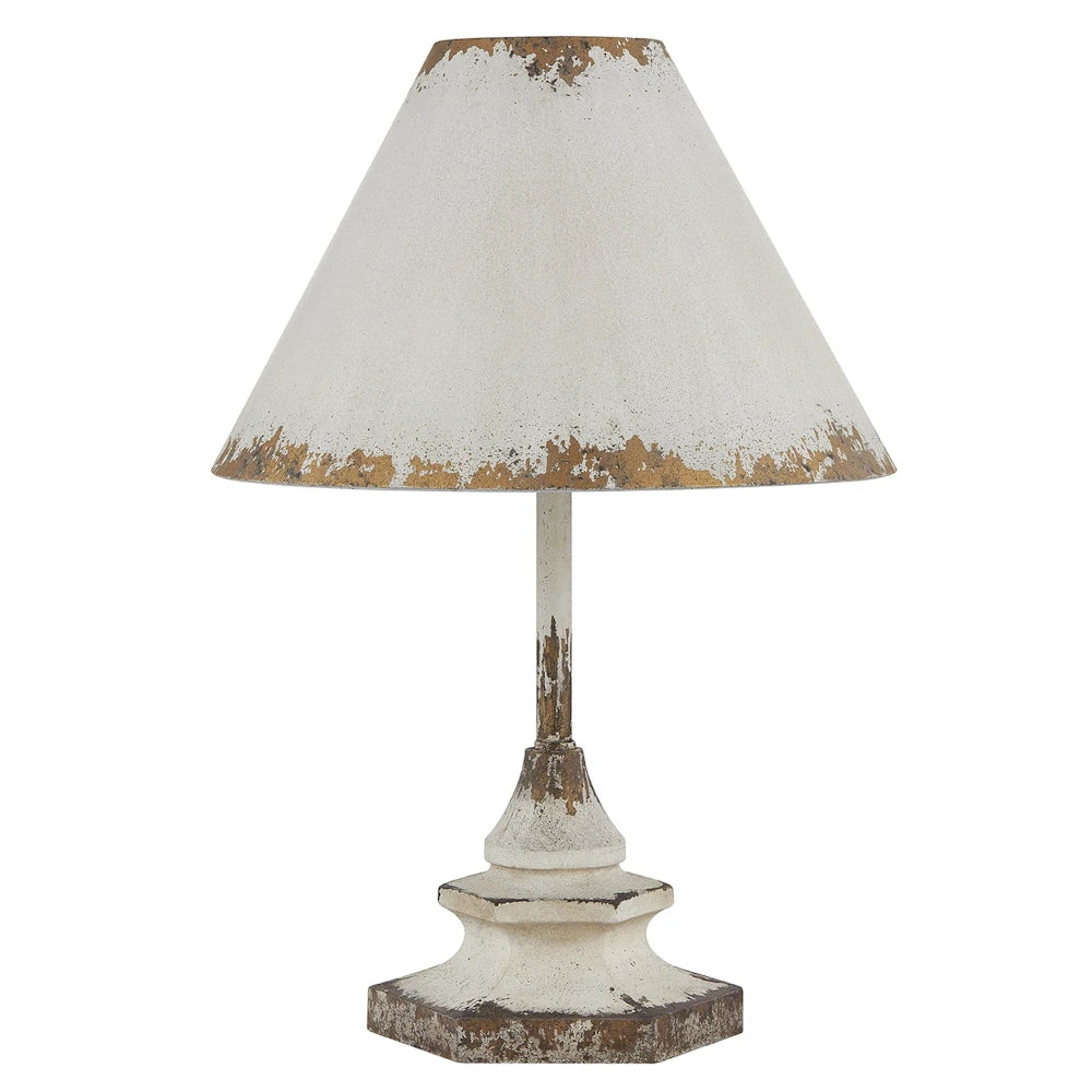 Rustic white distressed metal table lamp with a conical shade and vintage weathered finish on a white background.