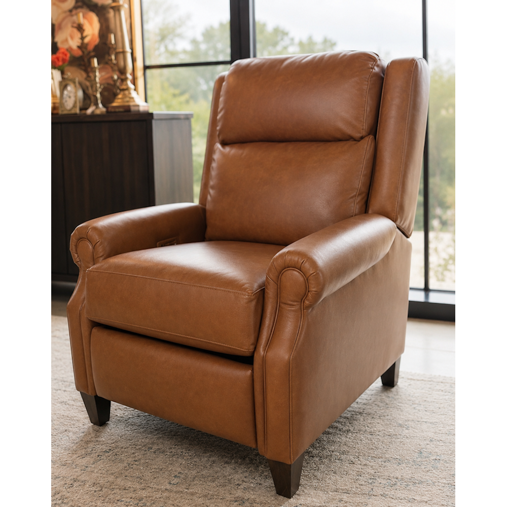 Brown leather power recliner with plush cushions and rolled arms in a bright living room.